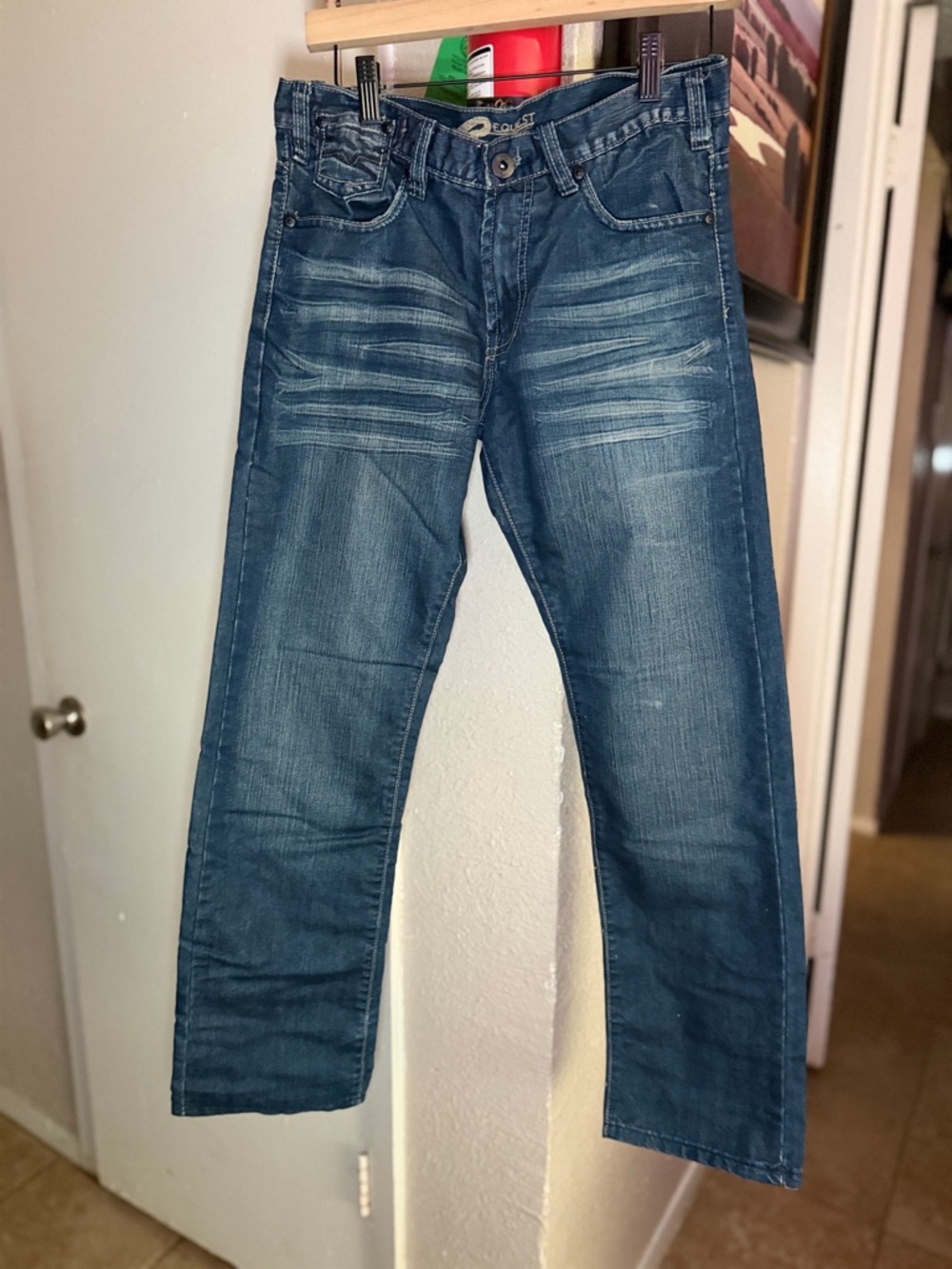Straight Fit Men's Denim Jeans in Distressed Blue